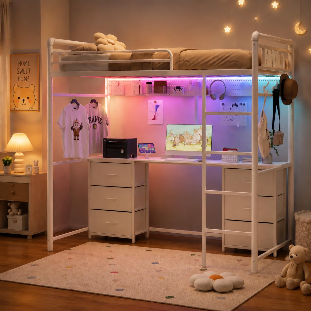 Desk Charging Station - with Charging Station,RGB LED Lights,Pegboard and