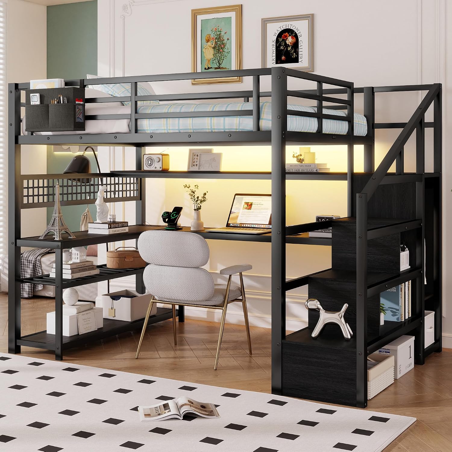 Full Size Loft Bed with Stairs - Desk Charging Station recension och pris