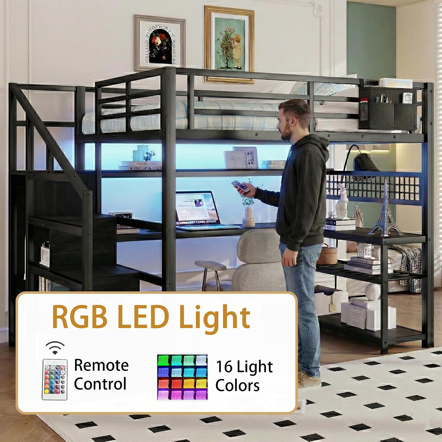 Full Size Loft Bed with Stairs - Desk Charging Station recension och pris