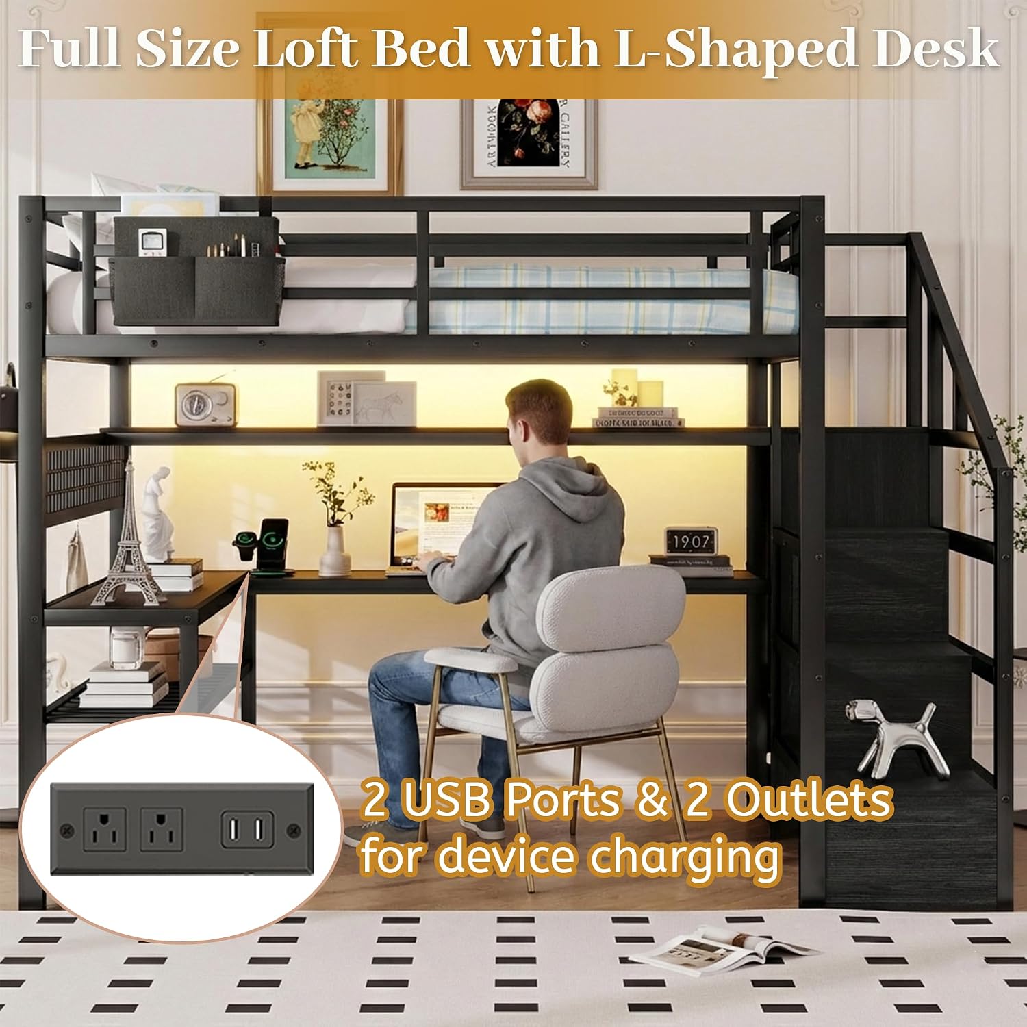 Full Size Loft Bed with Stairs - Desk Charging Station recension och pris