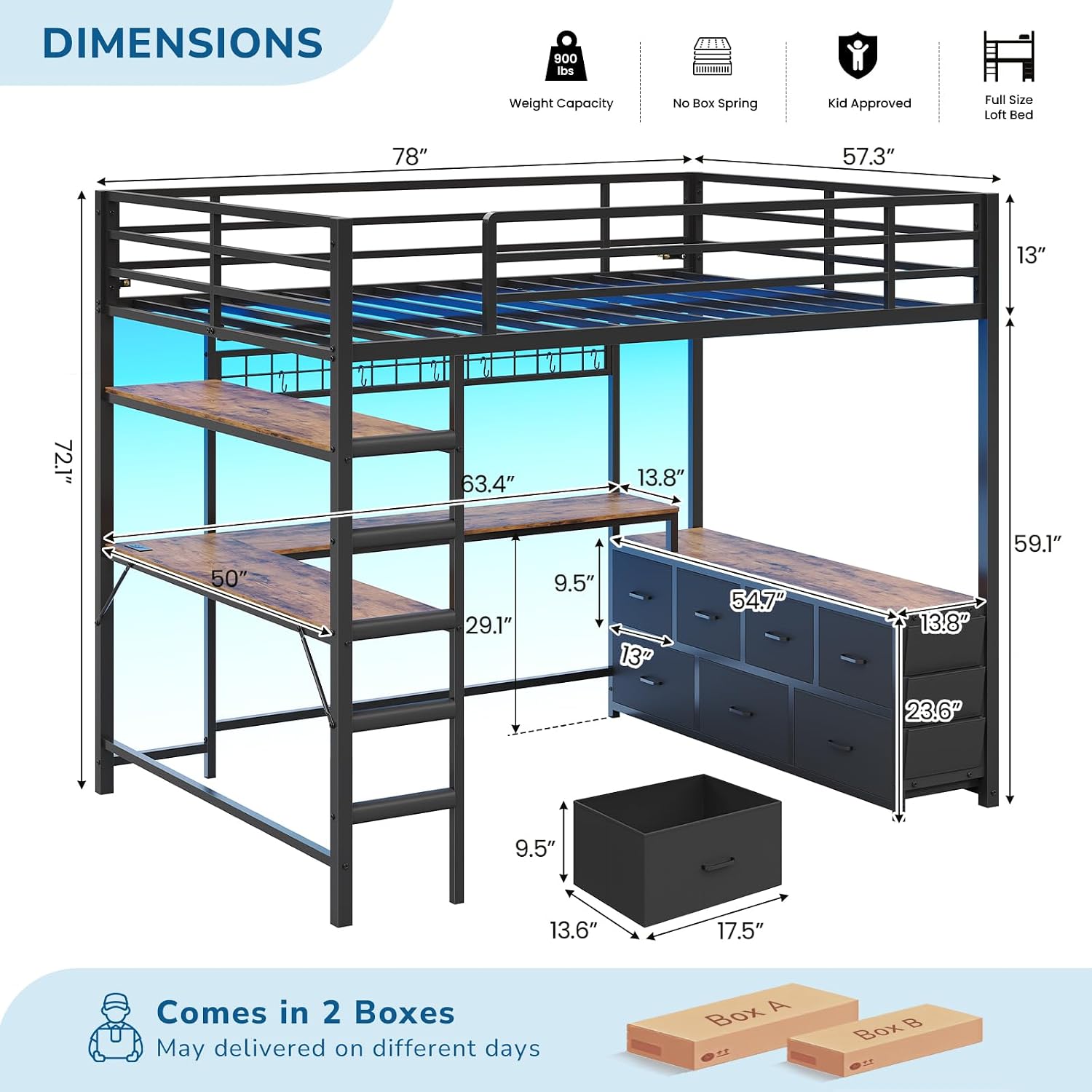 Full Size Loft Bed with U-Shap - Desk Charging Station recension och pris