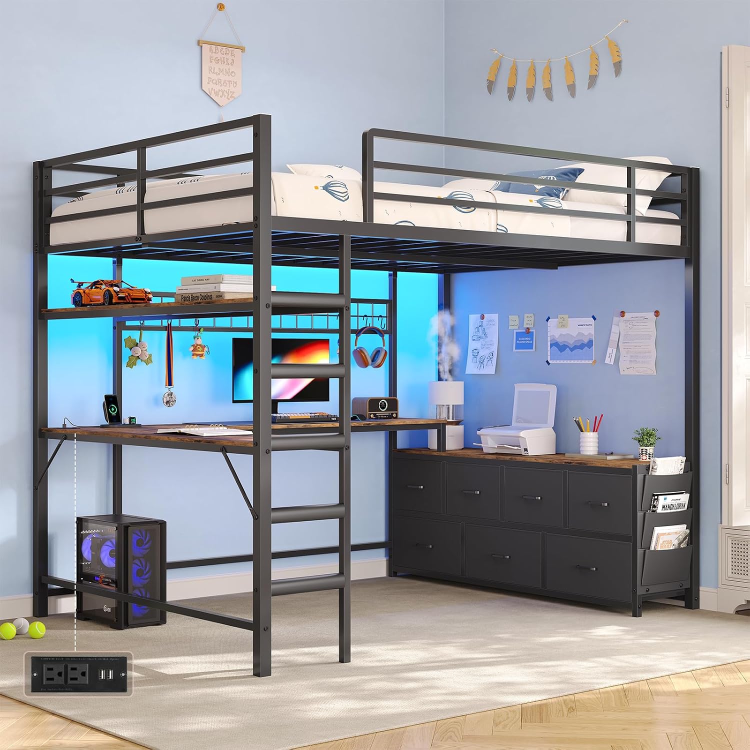 Full Size Loft Bed with U-Shap - Desk Charging Station recension och pris