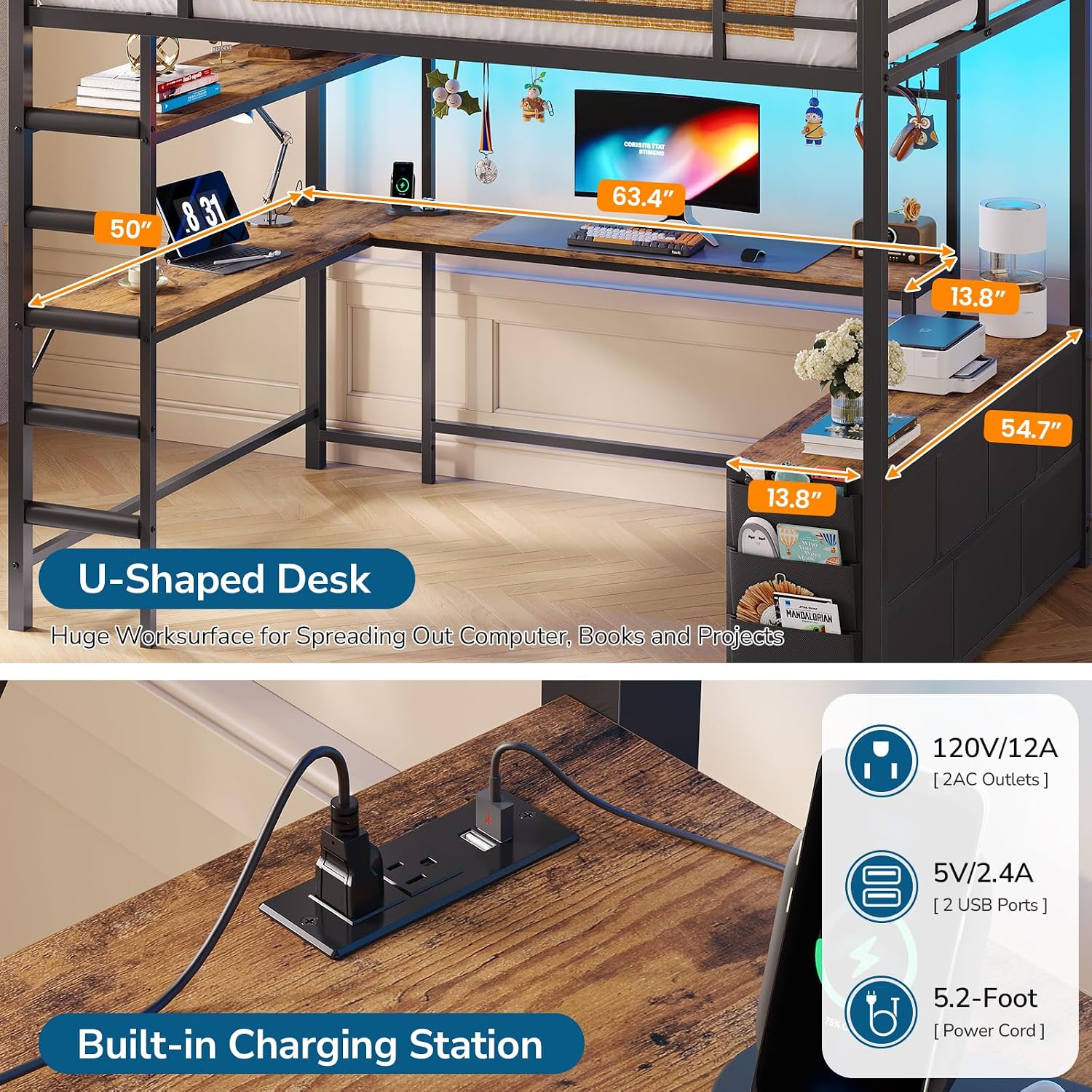 Full Size Loft Bed with U-Shap - Desk Charging Station recension och pris