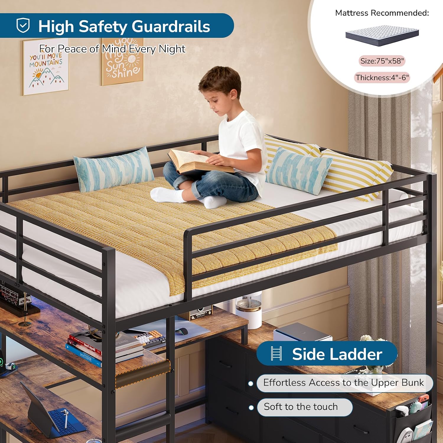 Full Size Loft Bed with U-Shap - Desk Charging Station recension och pris