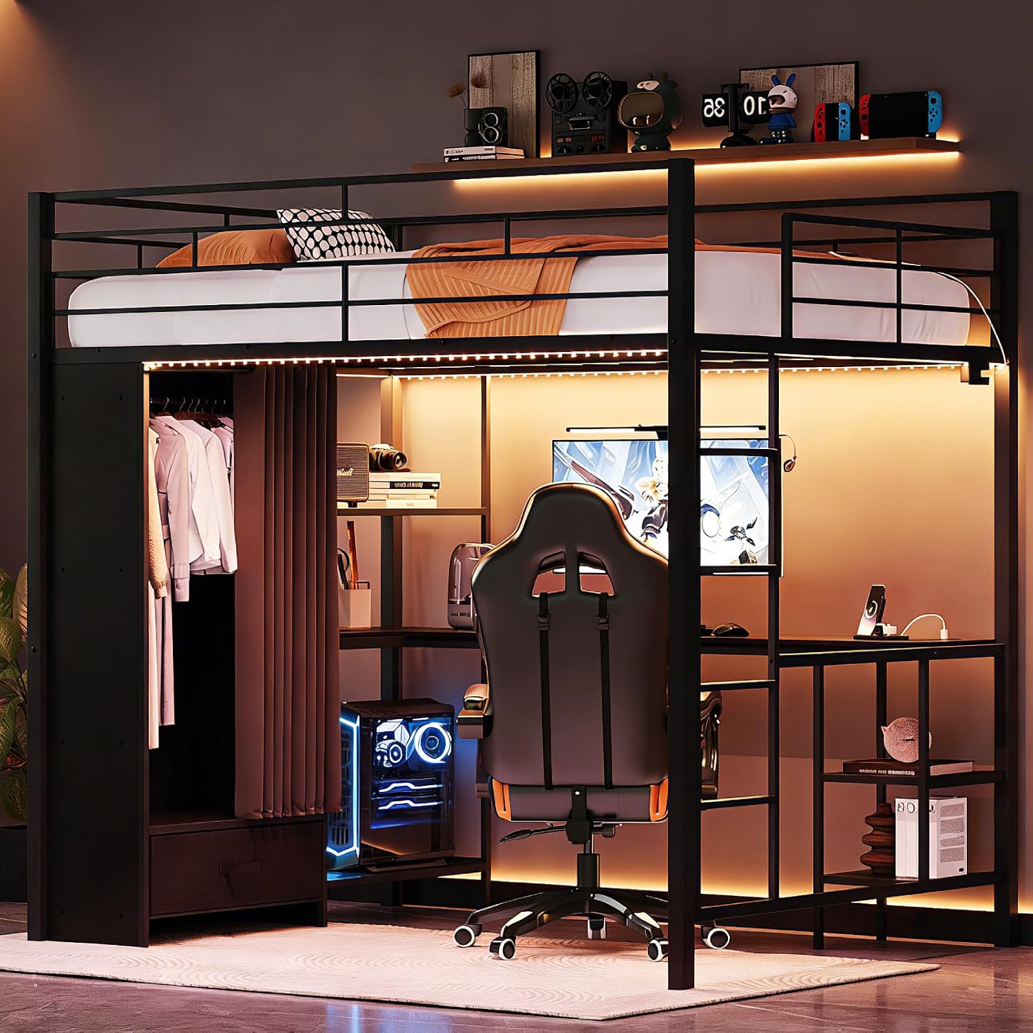 Queen Loft Bed with Wardrobe C - Desk Charging Station recension och pris