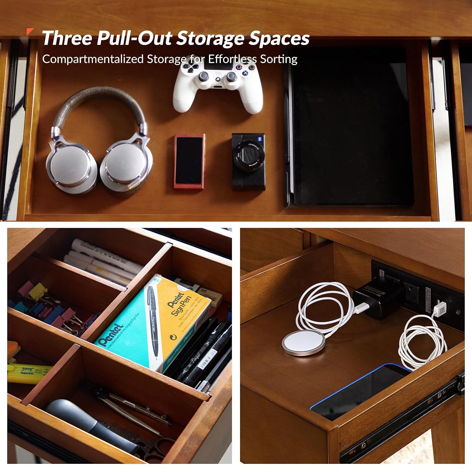 Mid Century Desk with 3 Drawer - Desk Charging Station recension och pris