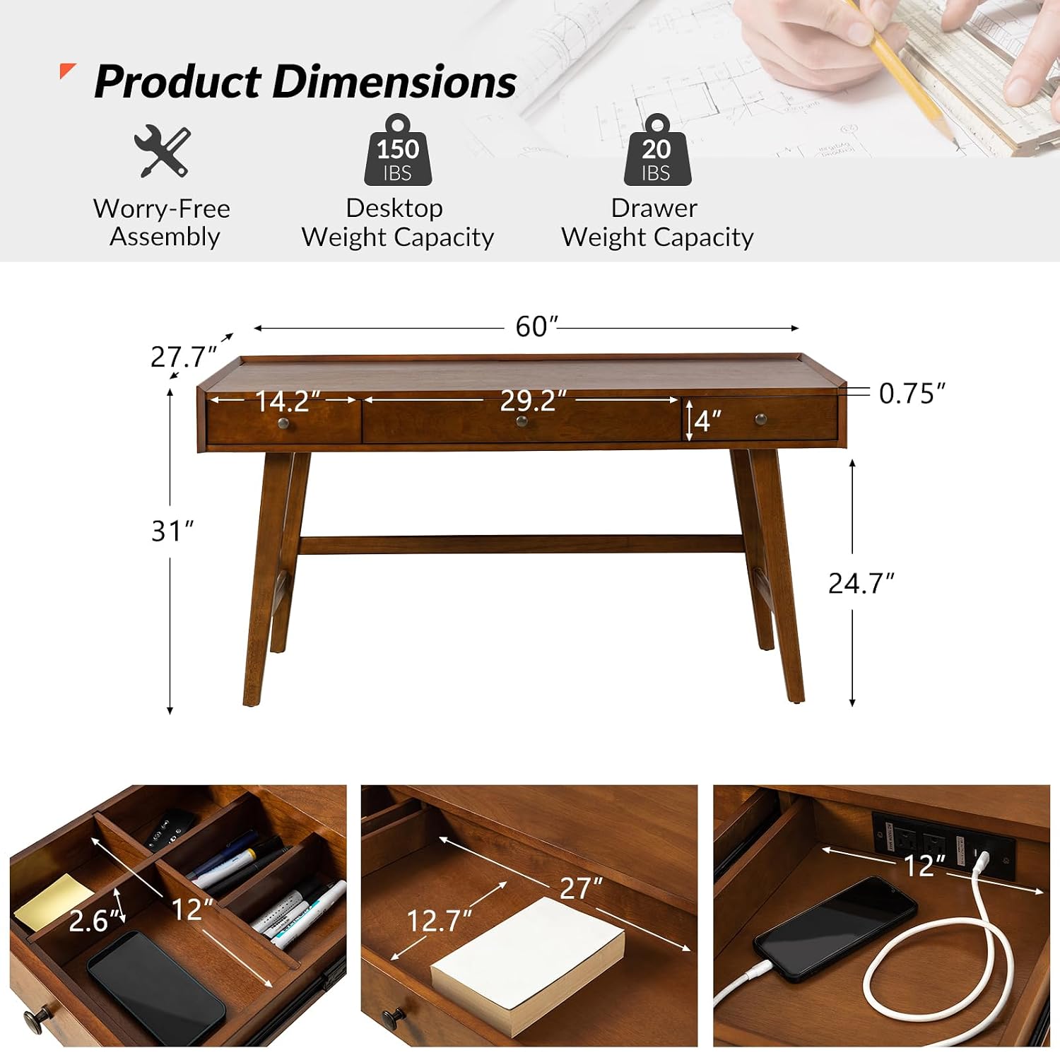Mid Century Desk with 3 Drawer - Desk Charging Station recension och pris