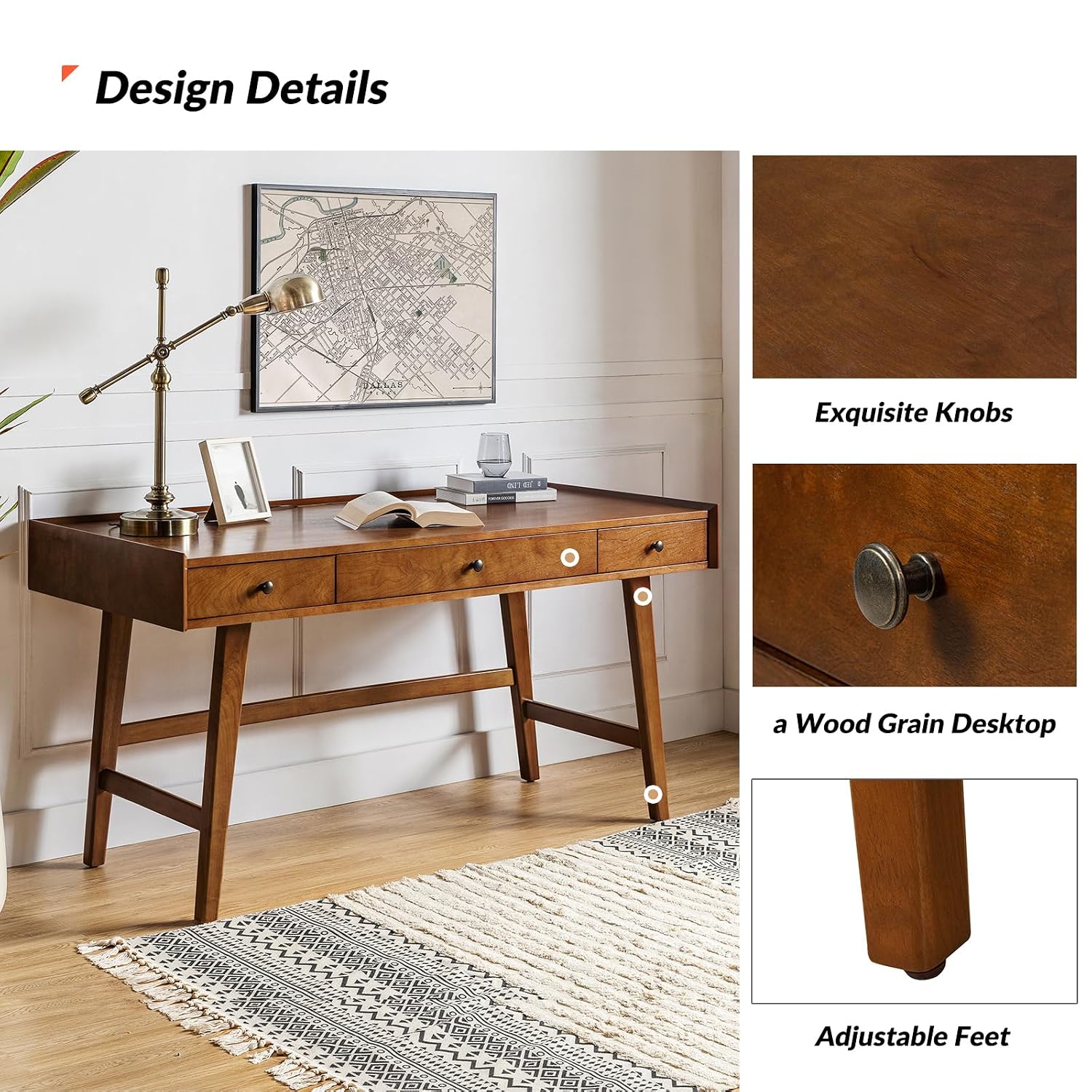 Mid Century Desk with 3 Drawer - Desk Charging Station recension och pris